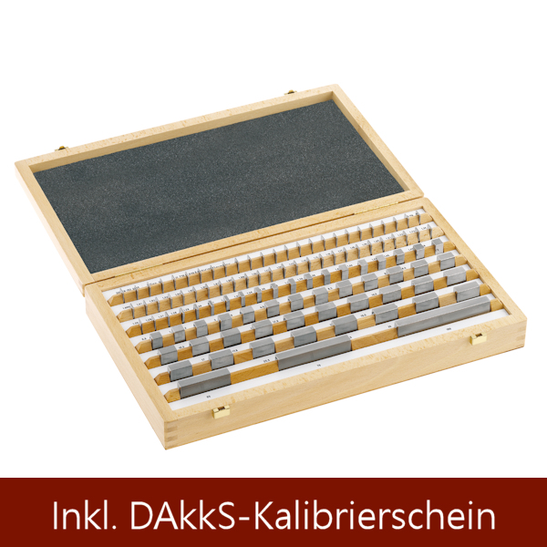 Parallel-Endmaße aus Stahl im Satz inkl. DAkkS-Kalibrierschein DKD, Genauigkeit Güte 0, Nennmaße 1,005 - 100 mm, 103-teilig